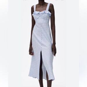 ZARA Midi Dress Women XS LINEN BUSTIER FLORAL PRINT SKY BLUE 2157/056 New